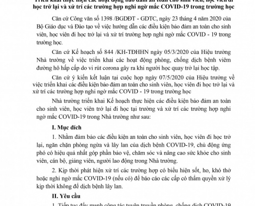 Kế hoạch triển khai thực hiện các hoạt động đảm bảo an toàn cho sinh viên , học viên đi học trở lại và xử lý các trường hợp nghi ngờ mắc COVID-19 trong trường học